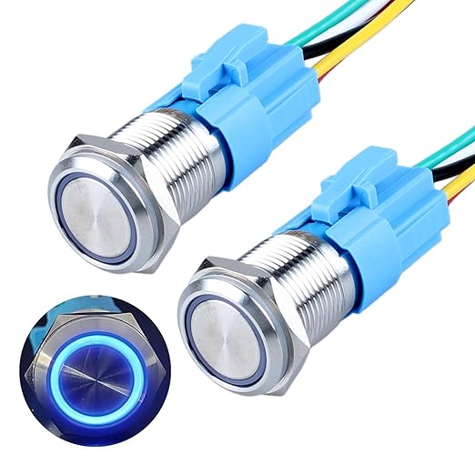 2Pcs 16mm Latching Push Button Switch 12V 24V DC Waterproof Stainless Steel Shell Blue LED 0.63" Mounting Hole with Pre-Wired Scoket Waterproof IP66 SPDT 1NO1NC