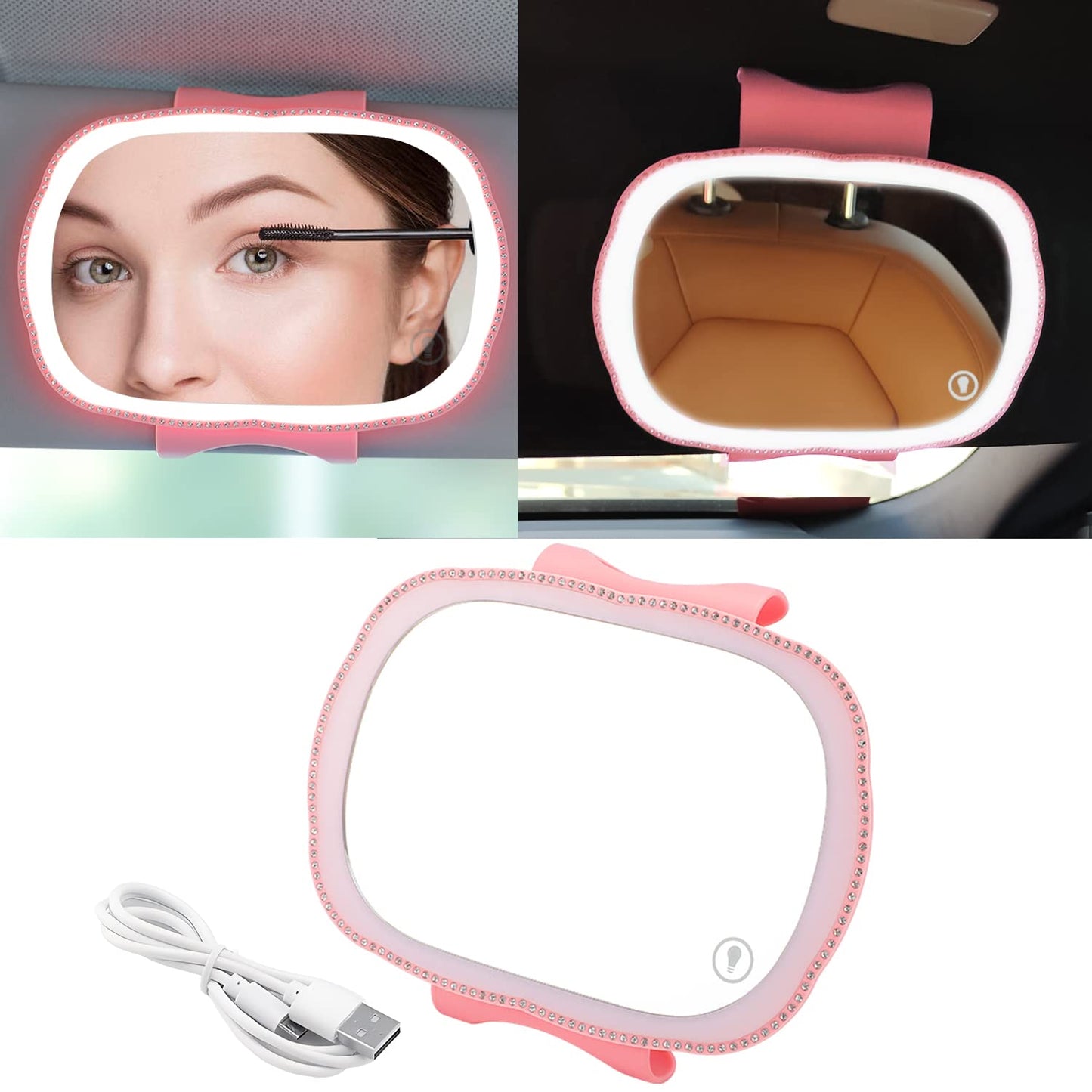 Car Visor Vanity Mirror, Rechargeable Car Makeup Mirror w/LED Lights & Bling Diamond for Girls Women - Dimmable Touch Screen Clip-on Rear View Sun-Shading Cosmetic Mirror for Car Truck SUV(Pink)