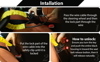 Car Steering Wheel Lock, Heavy Duty Safety Belt Buckle Attachment Steel Car Wheel Lock, Alloy Lock Core Steering Wheel Lock with 3 Keys Car Lock Anti Theft for Truck, SUV, Van, Hatchback