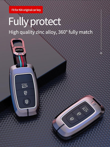 Premium Metal Soft Car Key Shell with Keychain & Full Protection Key Cover Compatible with Kia 4 Button Old Kia Seltos, Sonnet, Carens (Push Start Car 4 Button Key)