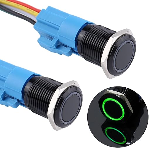 16mm 12V-24V Latching Metal Push Button Switch Ring Led Self Locking 1NO 1NC Waterproof ON/Off Black Shell Button with Pre-Wired Socket for 5/8’’ Mounting Hole (IP66,Green Light 2Pcs)