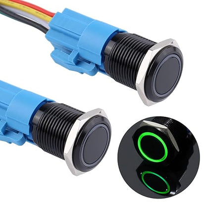 16mm 12V-24V Latching Metal Push Button Switch Ring Led Self Locking 1NO 1NC Waterproof ON/Off Black Shell Button with Pre-Wired Socket for 5/8â€™â€™ Mounting Hole (IP66,Green Light 2Pcs)