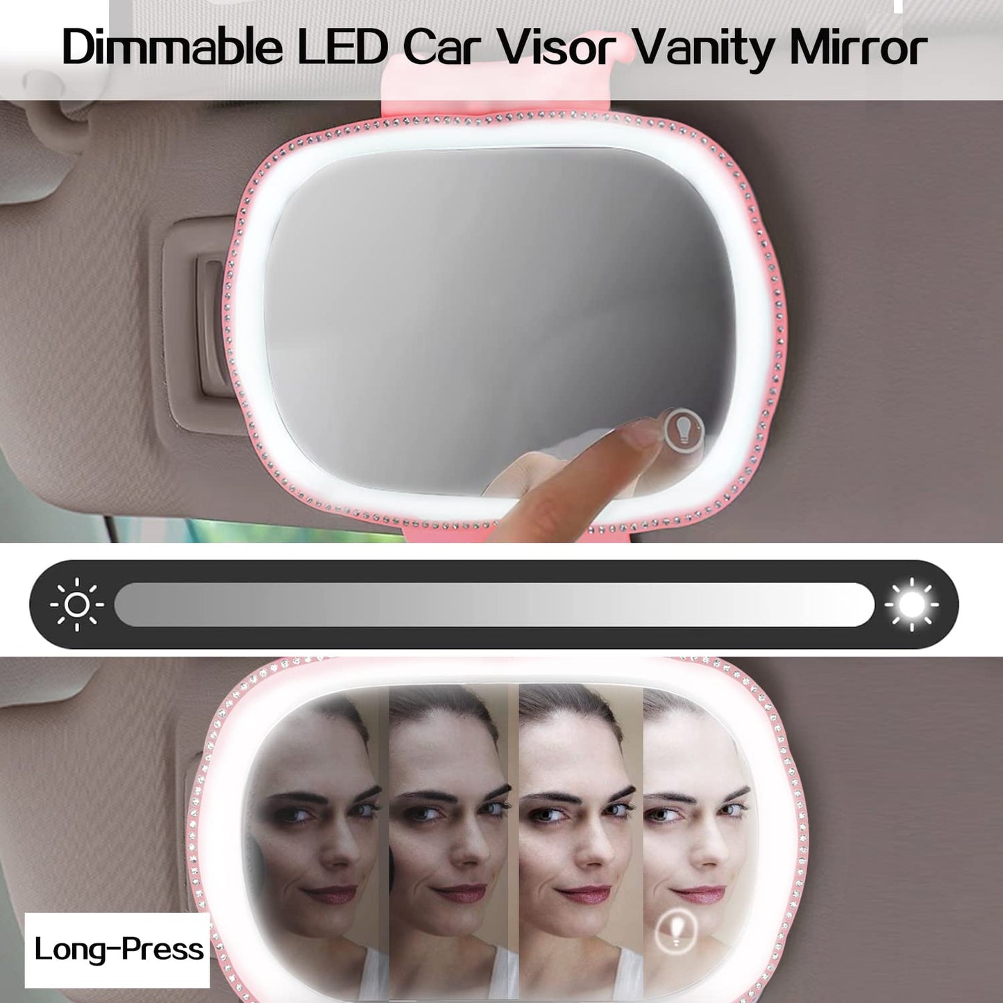 Car Visor Vanity Mirror, Rechargeable Car Makeup Mirror w/LED Lights & Bling Diamond for Girls Women - Dimmable Touch Screen Clip-on Rear View Sun-Shading Cosmetic Mirror for Car Truck SUV(Pink)