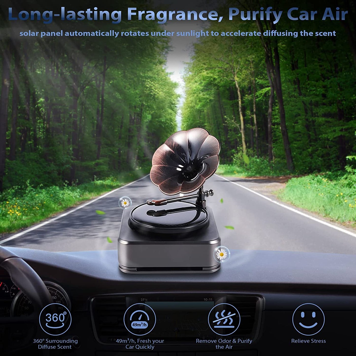 Car Solar Gramophone Rotating Perfume Air Freshener Fragrance Aroma Diffuser (Black)