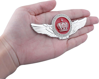 Winged King Crown Emblem Sticker for All Cars, Bikes, Metal (Silver with Red) Size: 11cm x 4.5cm x 2mm