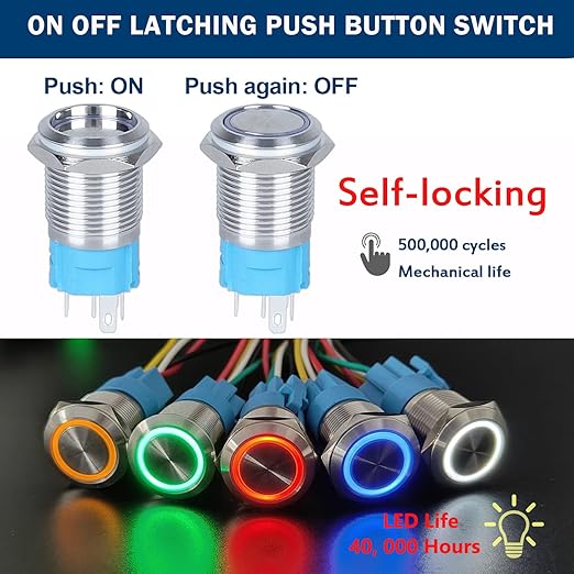 2Pcs 16mm Latching Push Button Switch 12V 24V DC Waterproof Stainless Steel Shell Blue LED 0.63" Mounting Hole with Pre-Wired Scoket Waterproof IP66 SPDT 1NO1NC