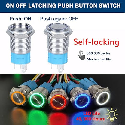 2Pcs 16mm Latching Push Button Switch 12V 24V DC Waterproof Stainless Steel Shell Blue LED 0.63" Mounting Hole with Pre-Wired Scoket Waterproof IP66 SPDT 1NO1NC