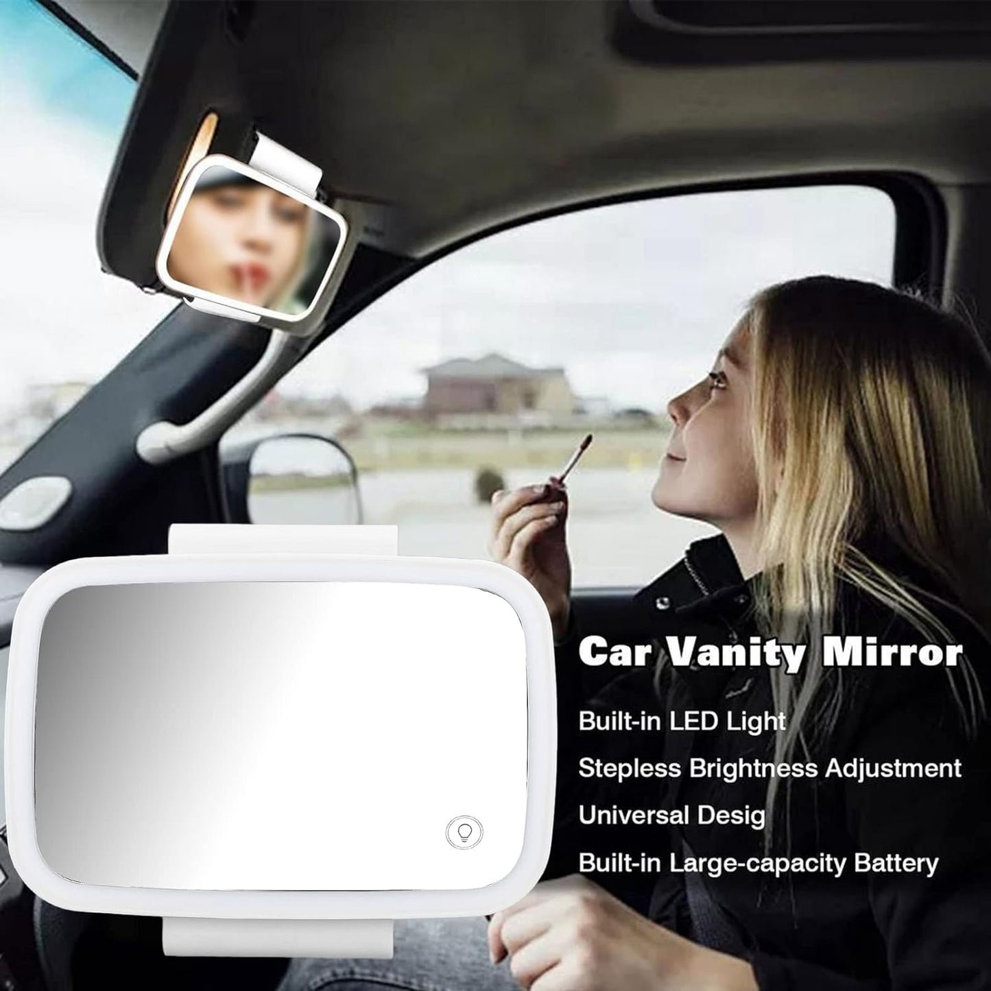 Car Visor Vanity Mirror, Rechargeable Car Makeup Mirror w/LED Lights & Bling Diamond for Girls Women - Dimmable Touch Screen Clip-on Rear View Sun-Shading Cosmetic Mirror for Car Truck SUV(Pink)