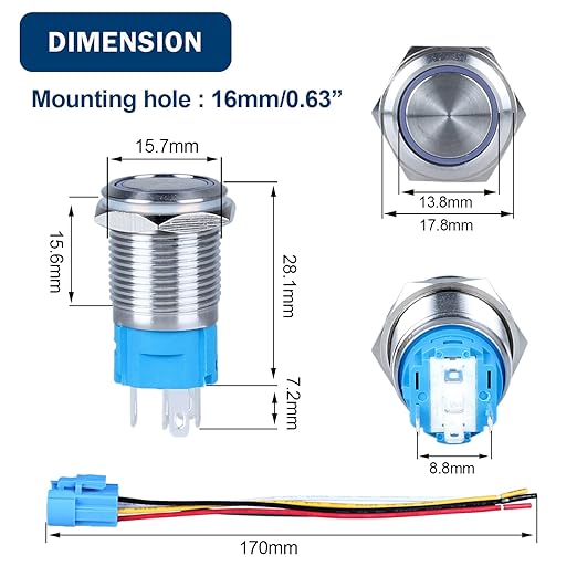 2Pcs 16mm Latching Push Button Switch 12V 24V DC Waterproof Stainless Steel Shell Blue LED 0.63" Mounting Hole with Pre-Wired Scoket Waterproof IP66 SPDT 1NO1NC