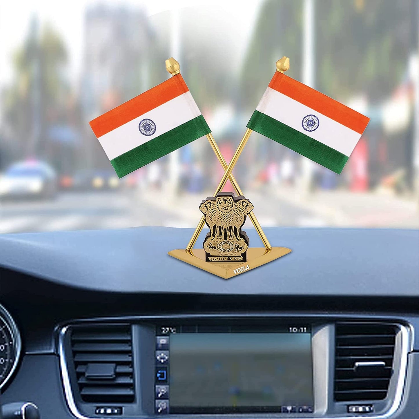 Brass Indian National Flags With Satyamev Jayate Symbol Stand For Car Dashboard