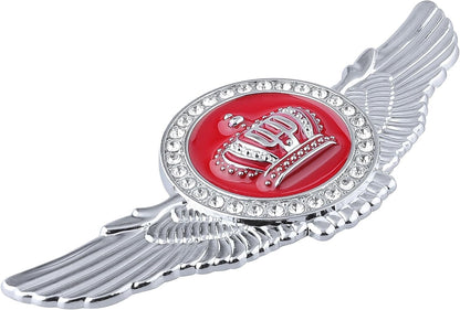 Winged King Crown Emblem Sticker for All Cars, Bikes, Metal (Silver with Red) Size: 11cm x 4.5cm x 2mm