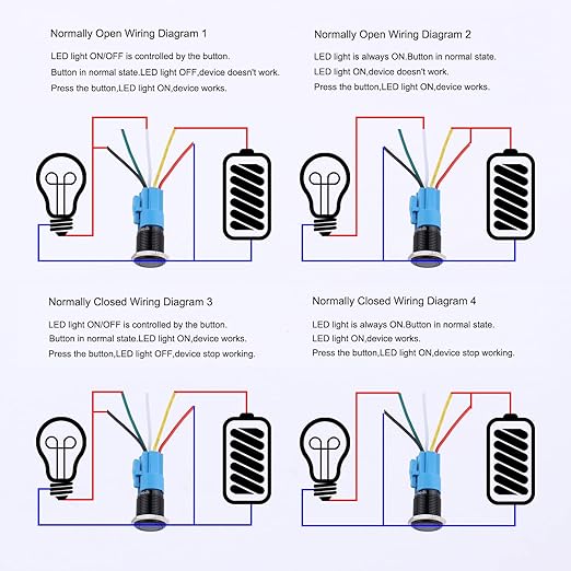 16mm 12V-24V Latching Metal Push Button Switch Ring Led Self Locking 1NO 1NC Waterproof ON/Off Black Shell Button with Pre-Wired Socket for 5/8’’ Mounting Hole (IP66,Green Light 2Pcs)