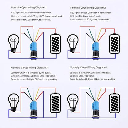 16mm 12V-24V Latching Metal Push Button Switch Ring Led Self Locking 1NO 1NC Waterproof ON/Off Black Shell Button with Pre-Wired Socket for 5/8â€™â€™ Mounting Hole (IP66,Green Light 2Pcs)