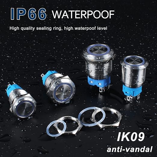 2Pcs 16mm Latching Push Button Switch 12V 24V DC Waterproof Stainless Steel Shell Blue LED 0.63" Mounting Hole with Pre-Wired Scoket Waterproof IP66 SPDT 1NO1NC