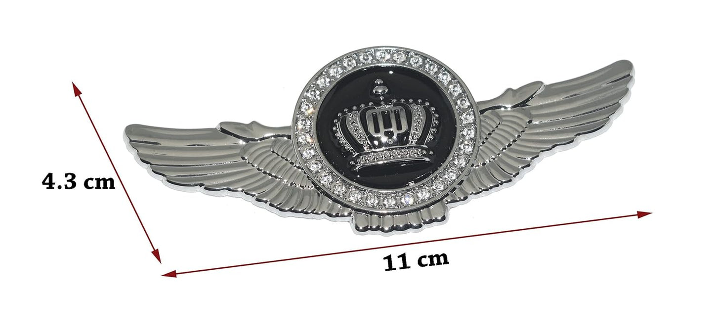 Winged King Crown Emblem Sticker for All Cars, Bikes, Metal (Silver with Black) Size: 11cm x 4.5cm x 2mm