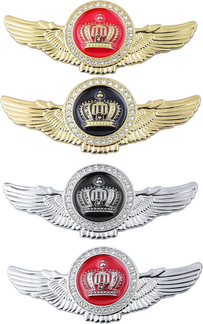 Winged King Crown Emblem Sticker for All Cars, Bikes, Metal (Silver with Red) Size: 11cm x 4.5cm x 2mm