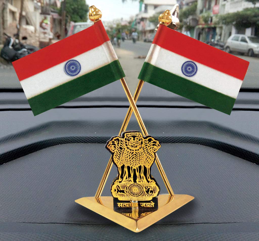 Brass Indian National Flags With Satyamev Jayate Symbol Stand For Car Dashboard