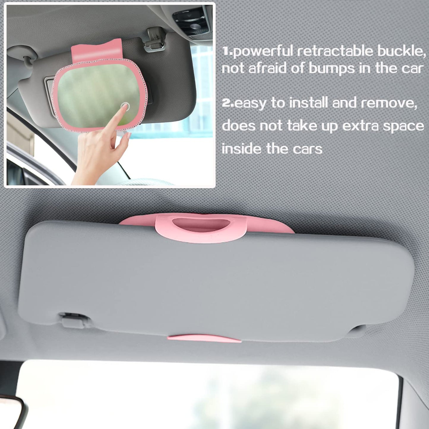 Car Visor Vanity Mirror, Rechargeable Car Makeup Mirror w/LED Lights & Bling Diamond for Girls Women - Dimmable Touch Screen Clip-on Rear View Sun-Shading Cosmetic Mirror for Car Truck SUV(Pink)