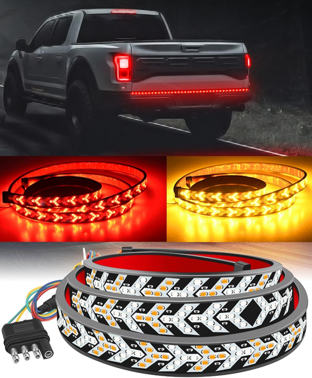 LED Pickup Truck Tail Light Strip,Truck Tailgate Dynamic Light Bar, 60" Flexible Flowing drl Strip Bar with Red Brake Amber Turning Signals Strobe Lights