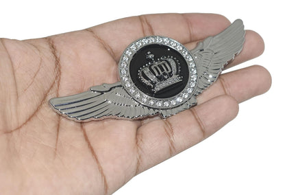 Winged King Crown Emblem Sticker for All Cars, Bikes, Metal (Silver with Red) Size: 11cm x 4.5cm x 2mm