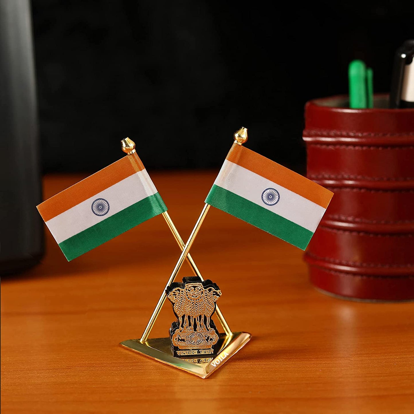 Brass Indian National Flags With Satyamev Jayate Symbol Stand For Car Dashboard