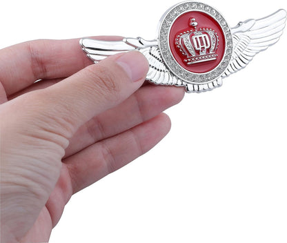 Winged King Crown Emblem Sticker for All Cars, Bikes, Metal (Silver with Red) Size: 11cm x 4.5cm x 2mm