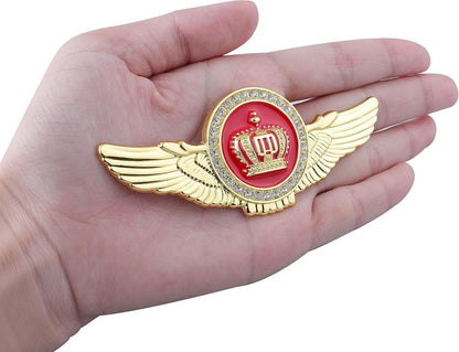 Winged King Crown Emblem Sticker for All Cars, Bikes, Metal (Silver with Red) Size: 11cm x 4.5cm x 2mm