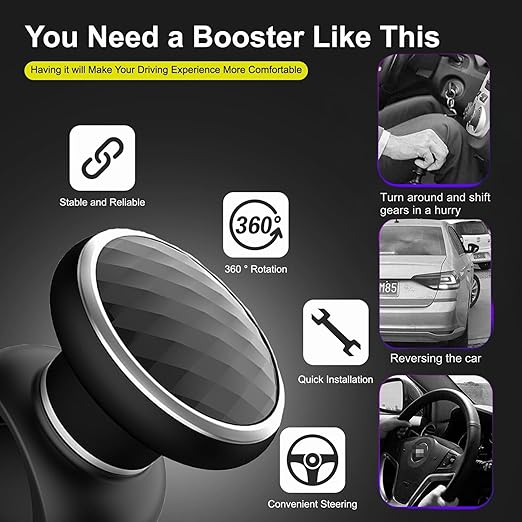 SARTE Universal Car Steering Wheel Power Knob 360 Degree Rotation Control Spinner Ball Handle with Diamond Texture Design Non Slip ABS Material for Cars Trucks Tractors Black