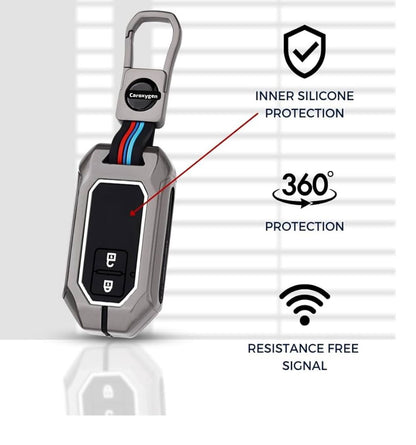 Keycept™ Metal Keycover for Suzuki Swift, Dzire, Ertiga, Grand Vitara, Celerio, Brezza, Fronx, Jimny, Ignis, Urban Cruiser, Rumion, Hyryder, E-Vitara 2 Button Smart Key with Keychain (Type M1).