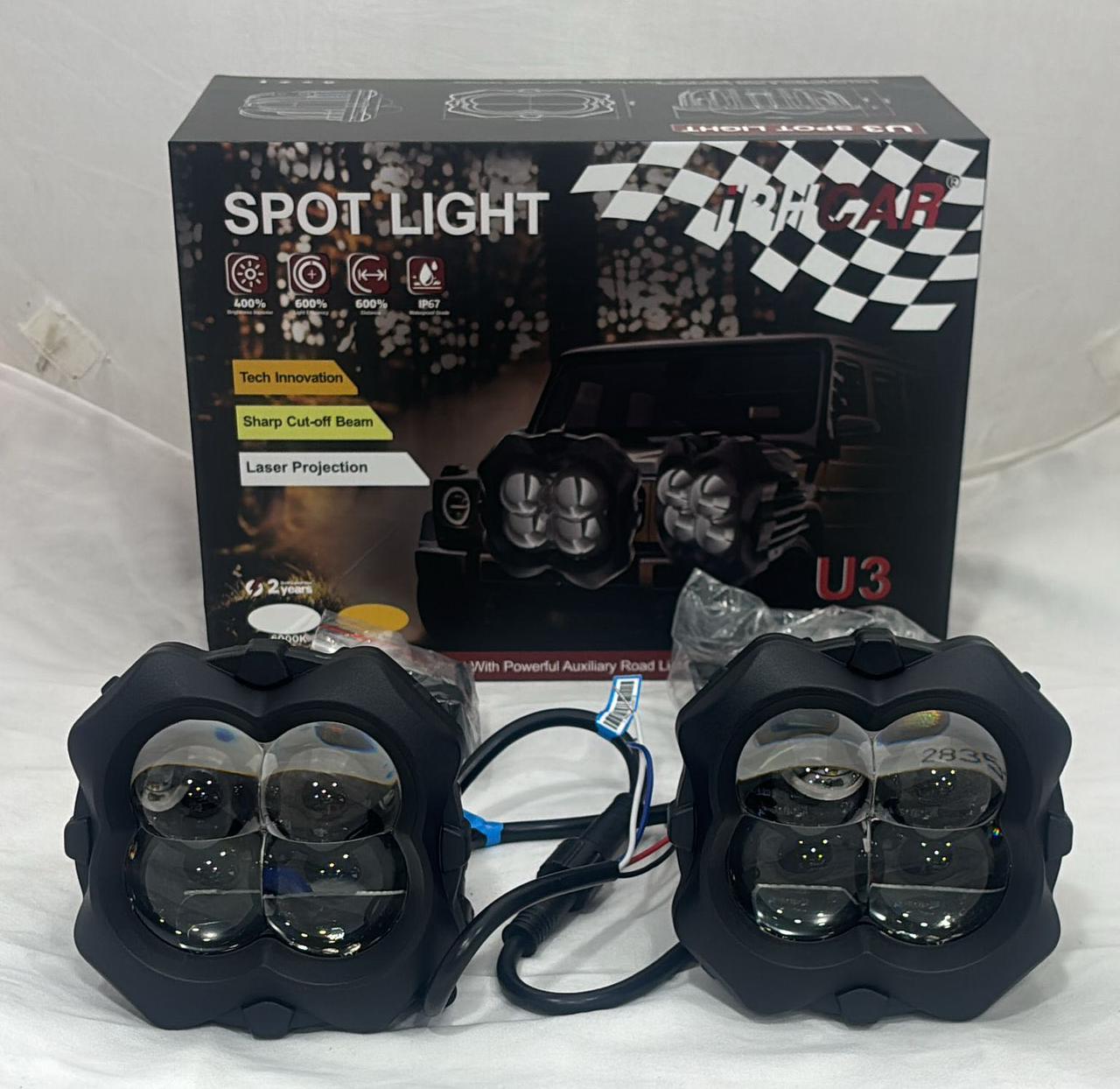IPH Car U3 LED Spot Light for Bike & Car, High Power Auxiliary Fog Light with Laser Projection, Sharp Cut-Off Beam, Waterproof IP67 Driving Light for Motorcycle, SUV & Off-Road Vehicles (Pack of 2)