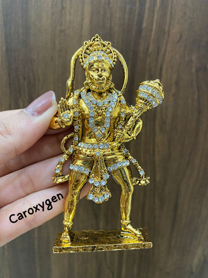 Standing Hanuman Golden Antic Metal with Crystal Diamond Studded God Idol Showpiece