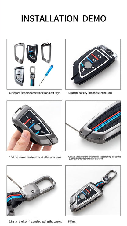 Metal Alloy Car Key Cover & Soft Silicon Black Striped Case & Holder with Keychain Compatible for Ford Endeavour, Ecosport, Figo, Aspire, Freestyle (3 Button Push Smart Key)