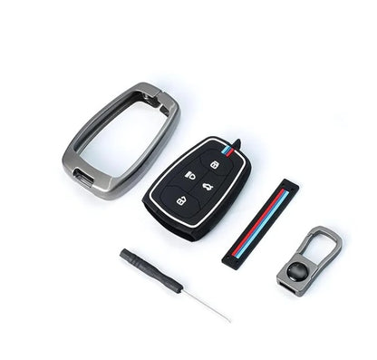 Metal Silicon Key Cover Compatible With Tata Nexon, Harrier | Safari | Altroz | Tigor | Ev | Punch | Tiago Ev Electric 4 Button Smart Key Feature Visible In Low-Light Condition, Black
