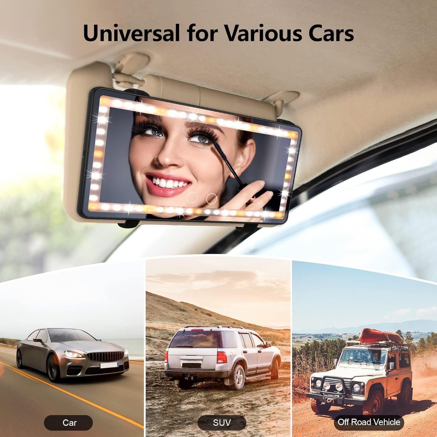 Car Visor Mirror Car Makeup Mirror with LED Lights for Car Truck SUV Rear View Mirror Sun-Shading Cosmetic Mirror with Touch Screen USB Power