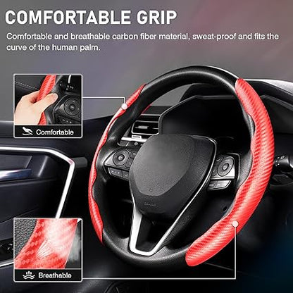 Steering Wheel Cover Carbon Fiber Steering Wheel Cover Car Steering Wheel Cover for Men/Women, Anti-Slip Comfortable Grip, Durable (Carbon Steering Grip)