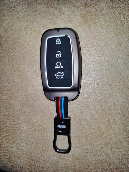 Premium Metal Soft Car Key Shell with Keychain & Full Protection Key Cover Compatible with Kia 4 Button Old Kia Seltos, Sonnet, Carens (Push Start Car 4 Button Key)