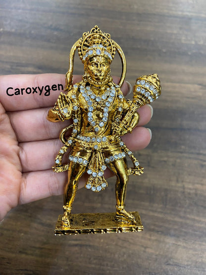 Standing Hanuman Golden Antic Metal with Crystal Diamond Studded God Idol Showpiece