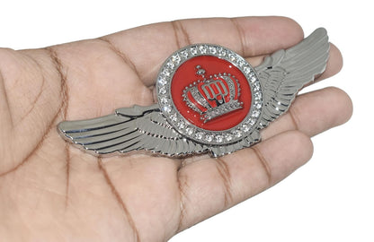 Winged King Crown Emblem Sticker for All Cars, Bikes, Metal (Silver with Red) Size: 11cm x 4.5cm x 2mm