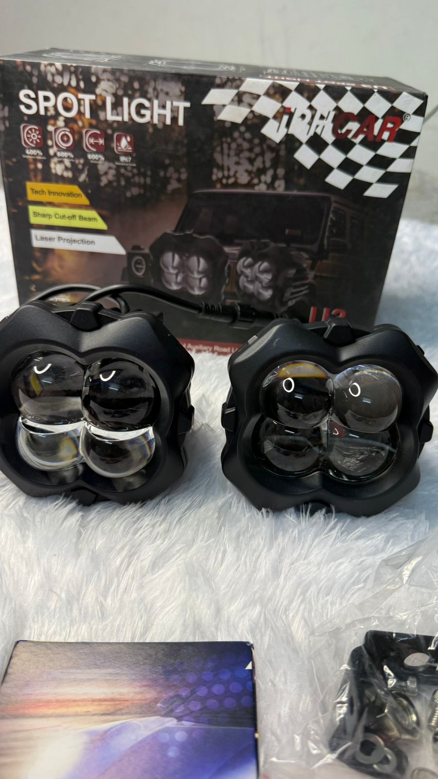 IPH Car U3 LED Spot Light for Bike & Car, High Power Auxiliary Fog Light with Laser Projection, Sharp Cut-Off Beam, Waterproof IP67 Driving Light for Motorcycle, SUV & Off-Road Vehicles (Pack of 2)