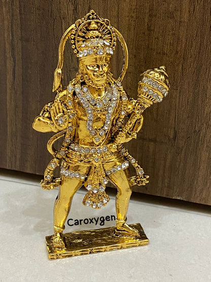 Standing Hanuman Golden Antic Metal with Crystal Diamond Studded God Idol Showpiece