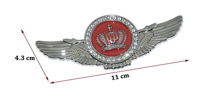 Winged King Crown Emblem Sticker for All Cars, Bikes, Metal (Silver with Red) Size: 11cm x 4.5cm x 2mm
