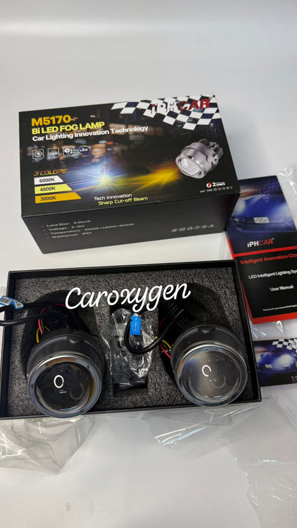 M5170 Bi-LED Fog Lamp for Car | 3 Color Modes (3000K/4800K/6000K) | Sharp Cut-Off Beam | High Brightness Projector Fog Light | Universal Fit (Set of 2)
