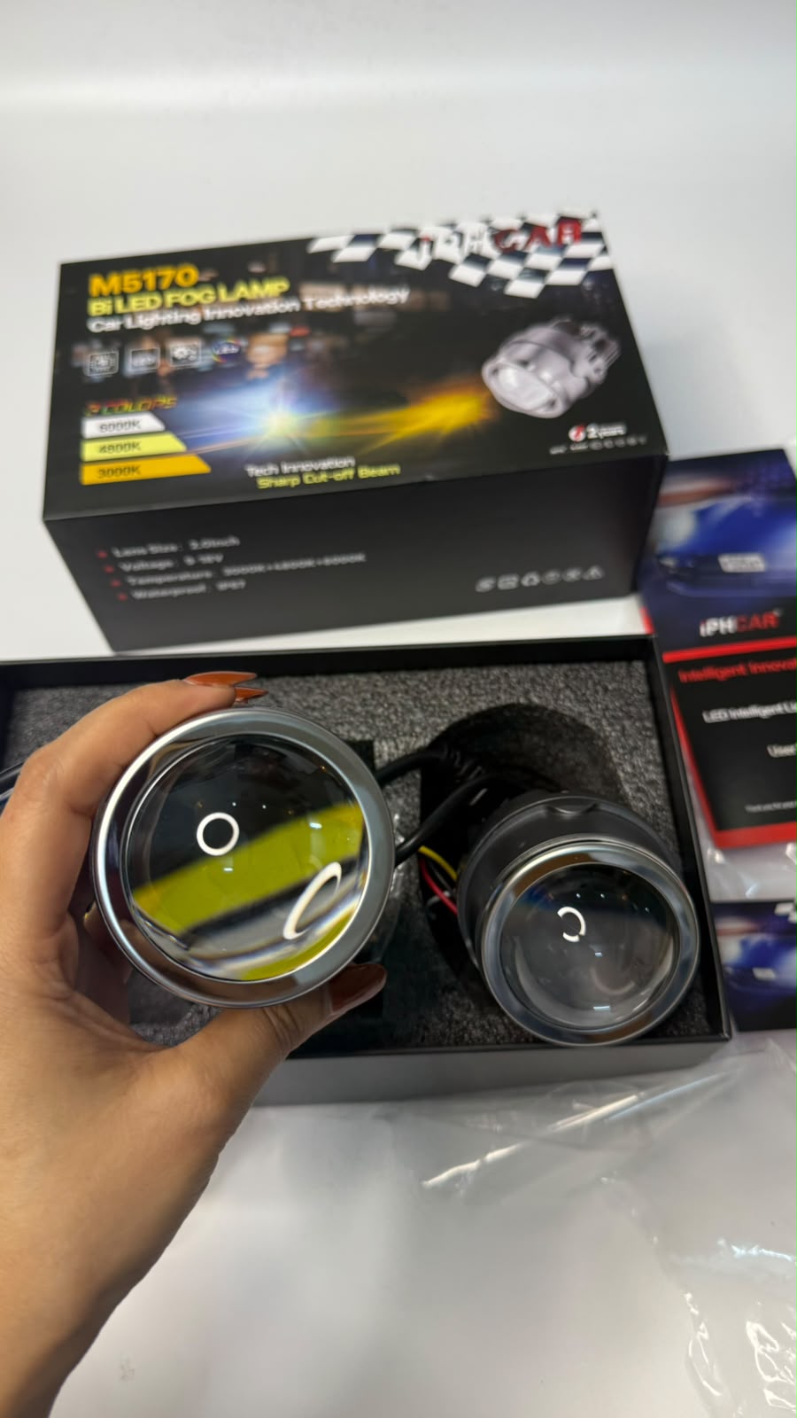 M5170 Bi-LED Fog Lamp for Car | 3 Color Modes (3000K/4800K/6000K) | Sharp Cut-Off Beam | High Brightness Projector Fog Light | Universal Fit (Set of 2)