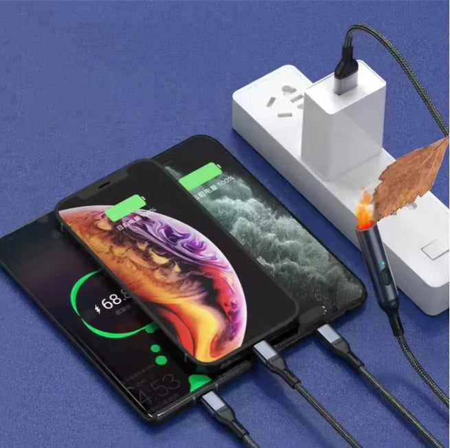 in 1 USB Data Cable with a C-Type Port, Lightning Port and Cigarette Lighter | 120W Compatible | Threaded Cable |