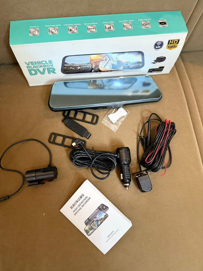3 Channel Rearview Mirror Dashcam â€“ Vehicle Blackbox DVR, 1080P Full HD, Front + Rear + Cabin Camera, 9.66â€ Touch Display, G-Sensor, Night Vision, Parking Monitor, Motion Detection