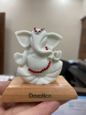 Marble Tilak Ganesh Idol for Car Dashboard with Double Sided Tape for Small Pooja Home Gift Office Study Table Décor-3.5 Inch, White (Handcrafted in India)