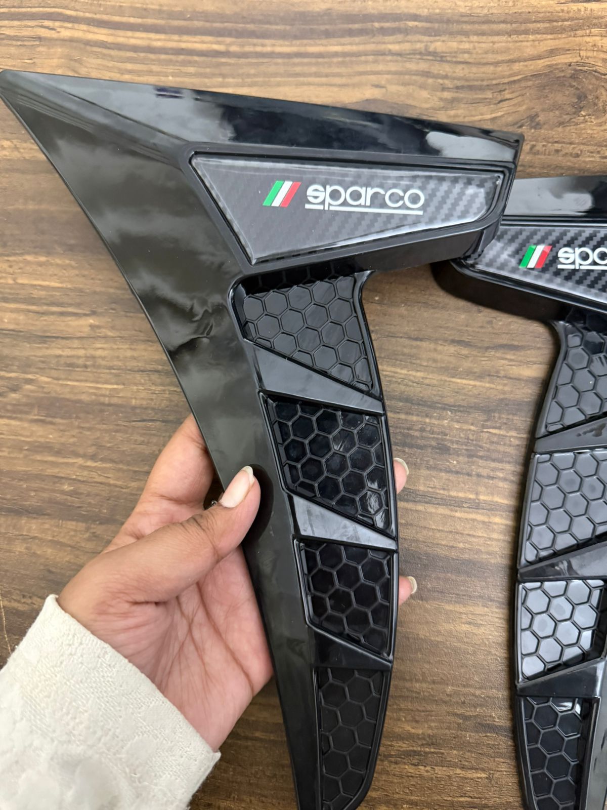 Sparco Style Car Side Vent Decorative Trim – Universal Car Body Side Air Flow Sticker | 3D Sport Look Fender Vent Cover | Glossy Black with Honeycomb Design (Set of 2)