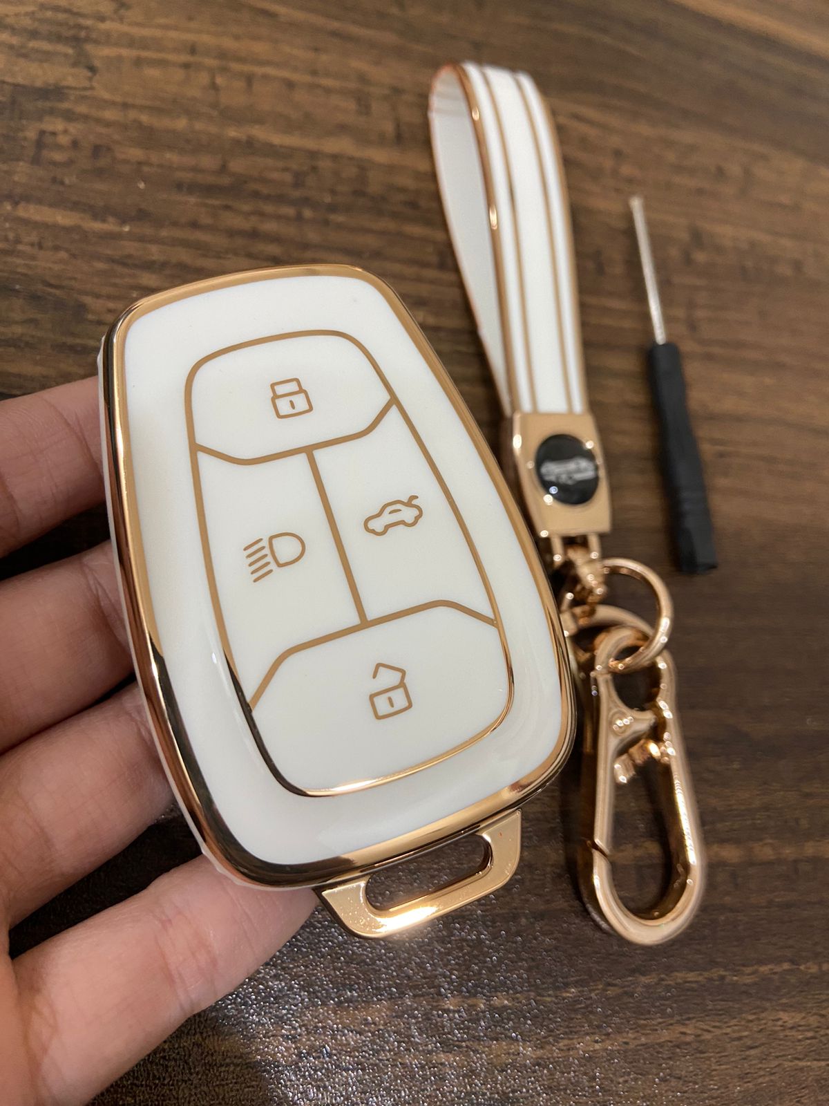 Car Key Cover Case with Golden Rim for All Latest Accessories for Tata Nexon | Altroz | Harrier | Tigor | Safari | Punch (TA-TA SMART1, White+Keychain)