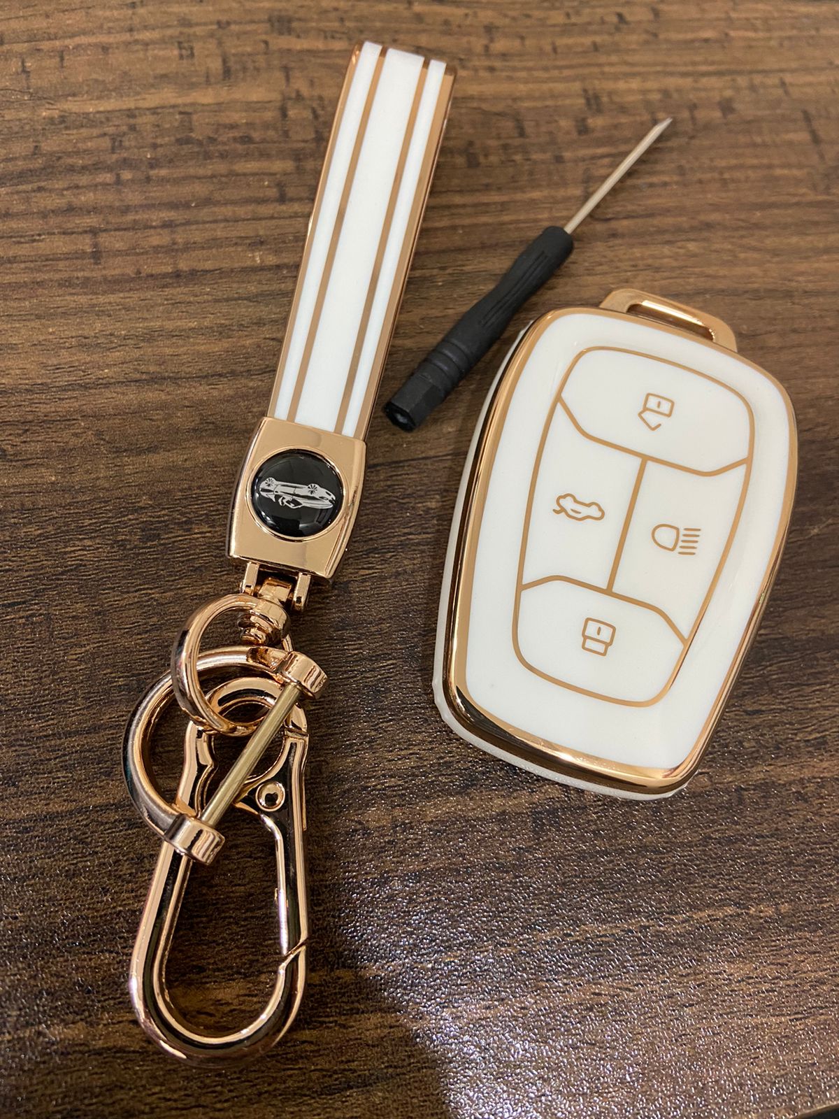 Car Key Cover Case with Golden Rim for All Latest Accessories for Tata Nexon | Altroz | Harrier | Tigor | Safari | Punch (TA-TA SMART1, White+Keychain)