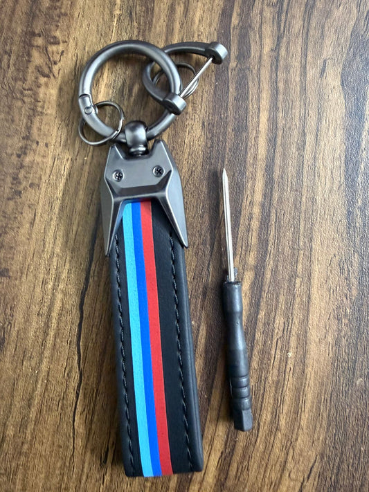 Premium Leather Car Keychain with Heavy-Duty Metal Hook | Detachable Key Ring & Quick-Release Clip | Stylish Stripe Design Key Holder for Men & Women | Includes Mini Screwdriver